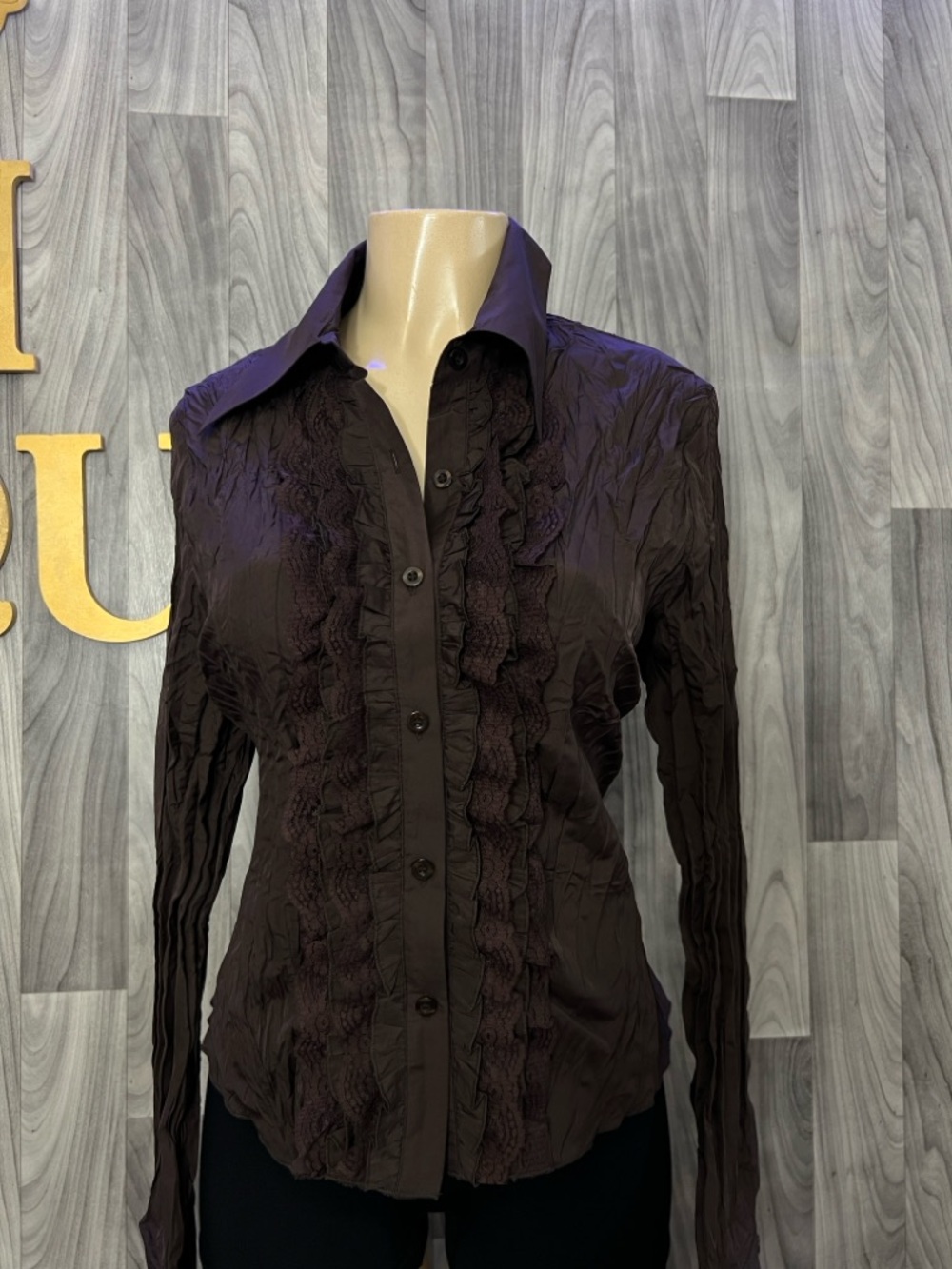 Women's Ruffled Button-Down Shirt in Dark Brown